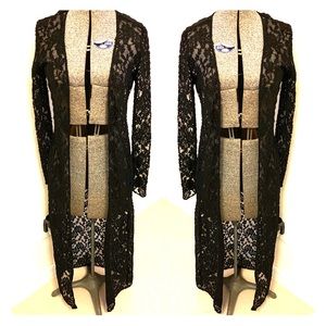 Full length long black lace cardigan duster robe